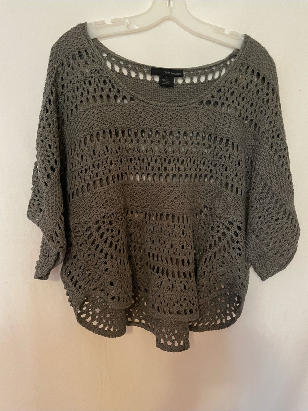 Calvin Klein Jeans Crochet Openwork Crewneck Sweater in Gray